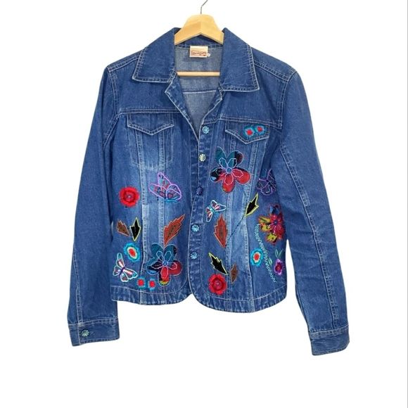 Vintage Jackets & Blazers - Vintage Beverly's 90s Y2K Embroidered Floral Butterfly Jean Denim Jacket